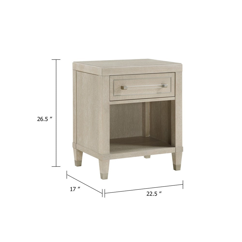 Benjara Olto Nightstand with 1 Drawer, USB Ports, Cubby Shelf, Light Oak Brown