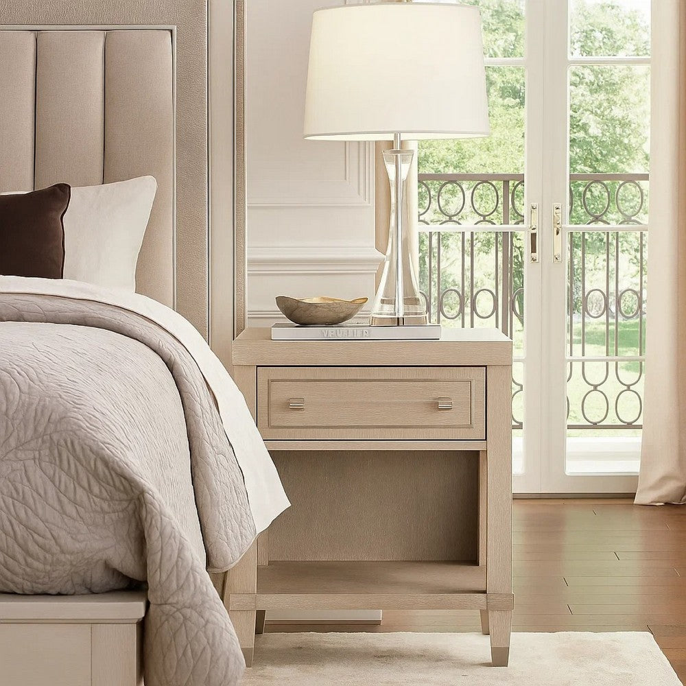 Benjara Olto Nightstand with 1 Drawer, USB Ports, Cubby Shelf, Light Oak Brown