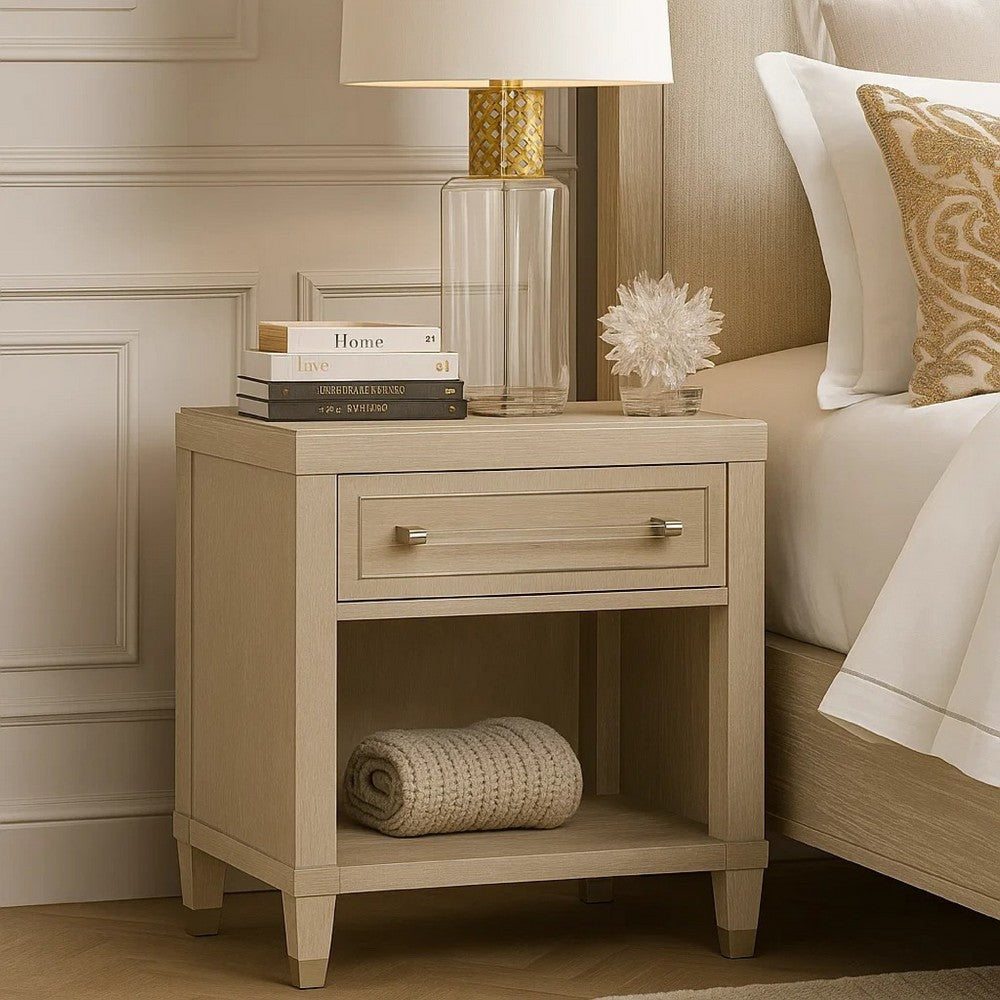 Benjara Olto Nightstand with 1 Drawer, USB Ports, Cubby Shelf, Light Oak Brown
