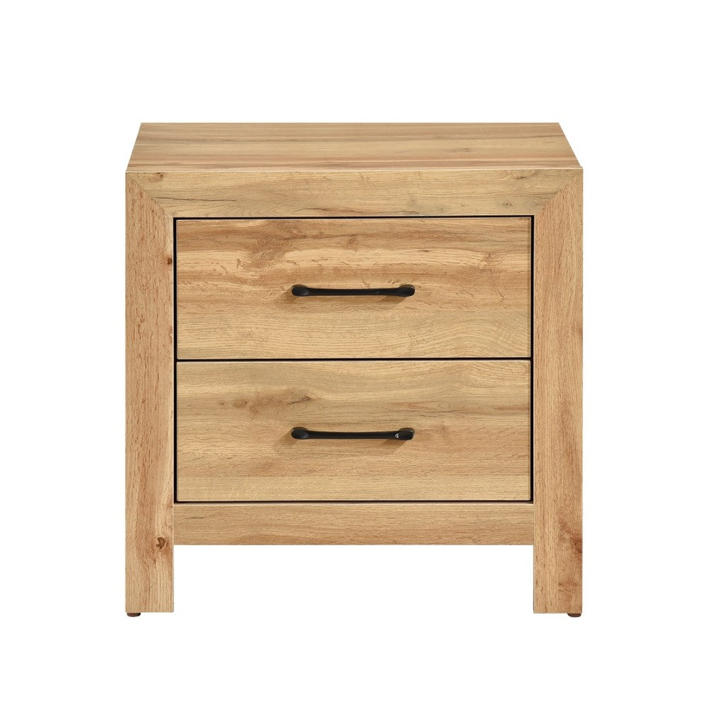 Benjara Adia Nightstand, 2 Drawer with Black Nickel Handles, Natural Brown
