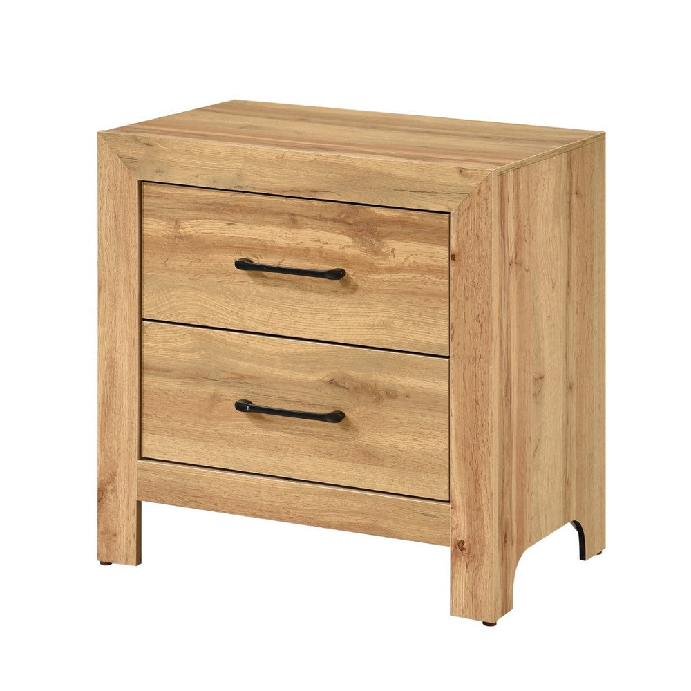 Benjara Adia Nightstand, 2 Drawer with Black Nickel Handles, Natural Brown