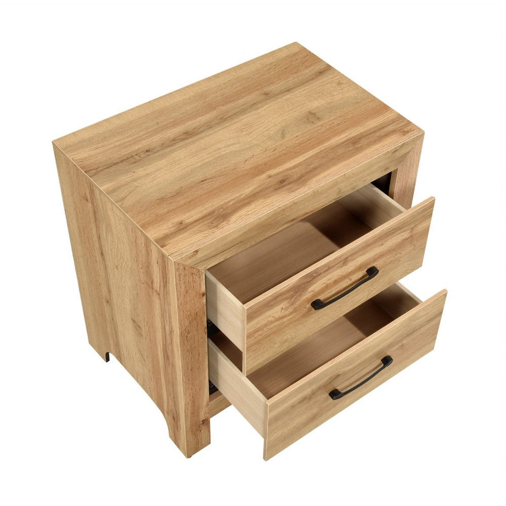 Benjara Adia Nightstand, 2 Drawer with Black Nickel Handles, Natural Brown