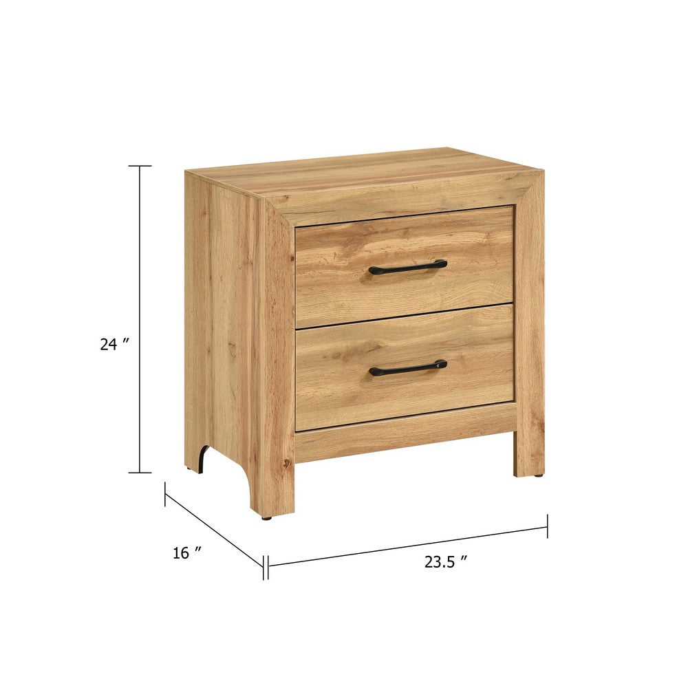 Benjara Adia Nightstand, 2 Drawer with Black Nickel Handles, Natural Brown