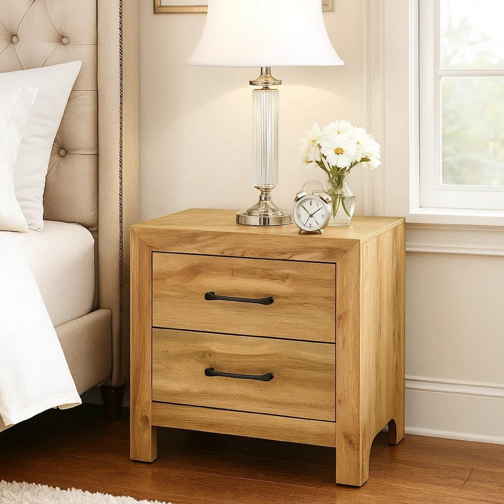 Benjara Adia Nightstand, 2 Drawer with Black Nickel Handles, Natural Brown