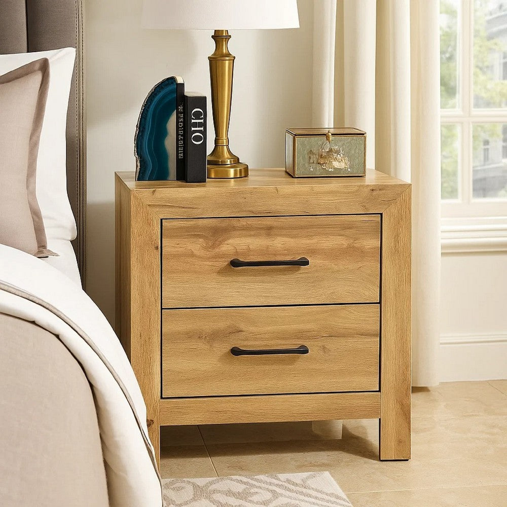 Benjara Adia Nightstand, 2 Drawer with Black Nickel Handles, Natural Brown