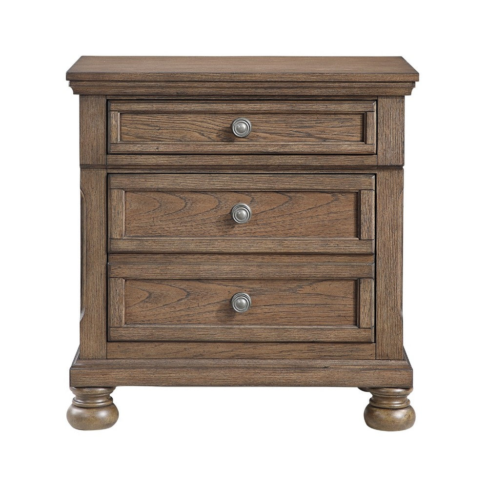Benjara Bely Nightstand, 3 Drawers, Bun Feet, Antique Brown Sculpted Frame
