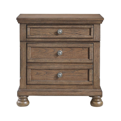 Benjara Bely Nightstand, 3 Drawers, Bun Feet, Antique Brown Sculpted Frame