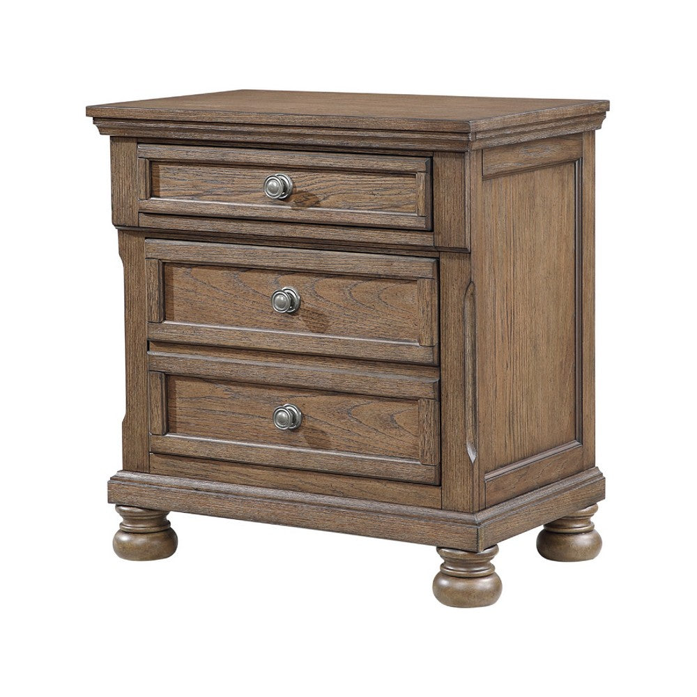 Benjara Bely Nightstand, 3 Drawers, Bun Feet, Antique Brown Sculpted Frame