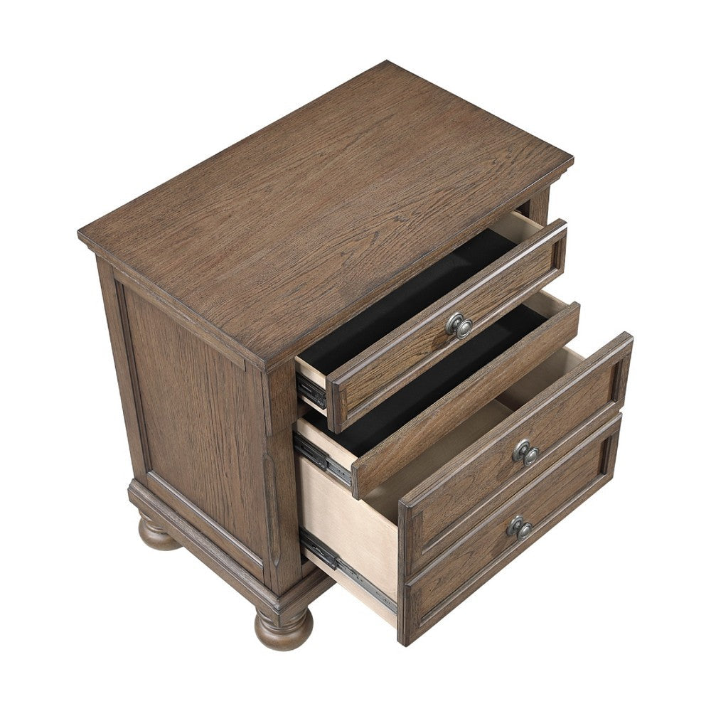 Benjara Bely Nightstand, 3 Drawers, Bun Feet, Antique Brown Sculpted Frame
