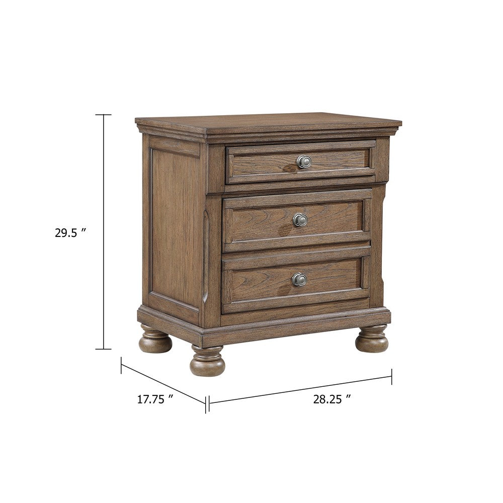 Benjara Bely Nightstand, 3 Drawers, Bun Feet, Antique Brown Sculpted Frame