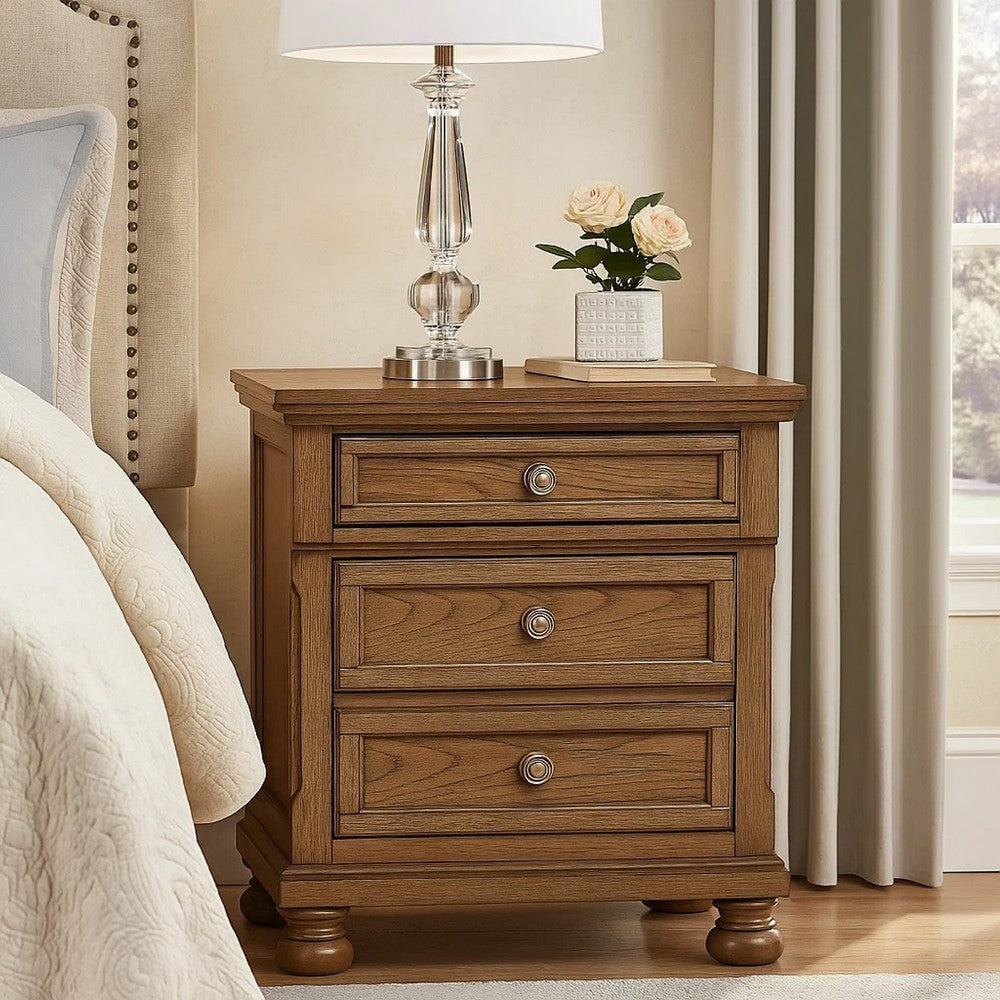 Benjara Bely Nightstand, 3 Drawers, Bun Feet, Antique Brown Sculpted Frame
