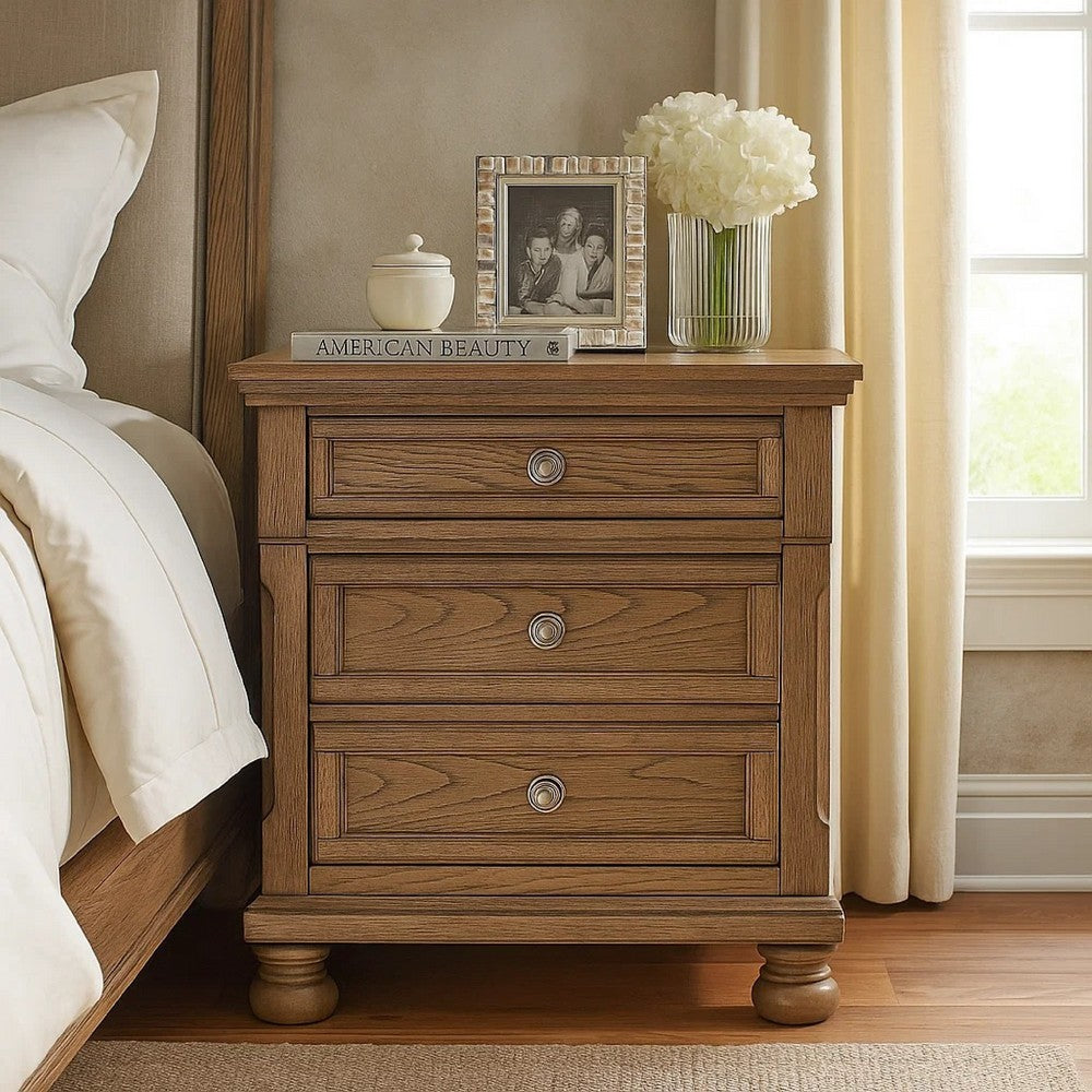 Benjara Bely Nightstand, 3 Drawers, Bun Feet, Antique Brown Sculpted Frame