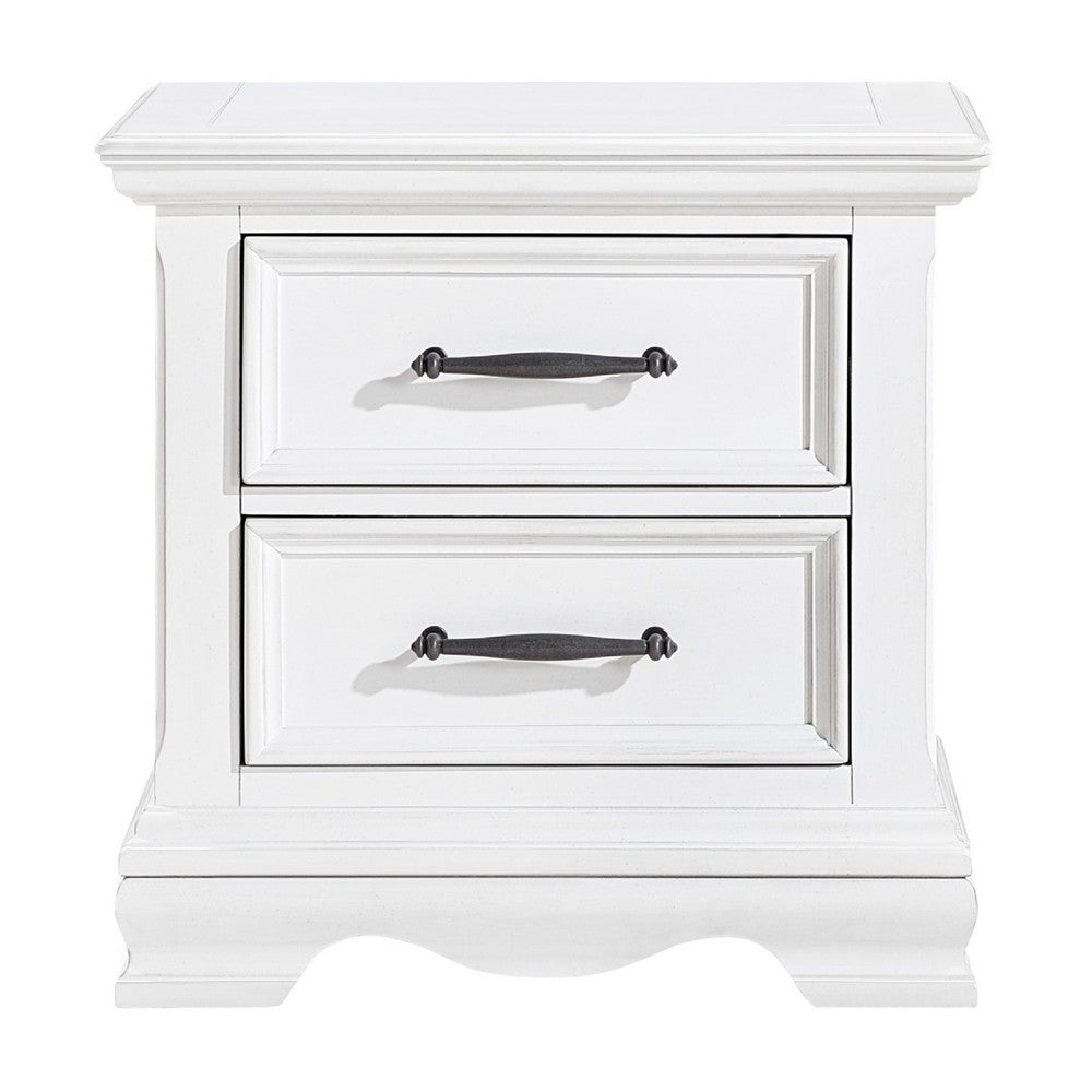 Benjara Yal Nightstand, 2 Drawers w Black Nickel Bar Handles, White Finish