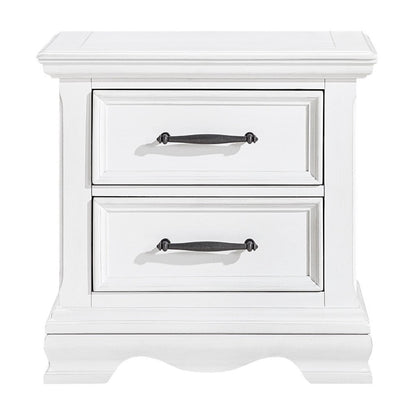 Benjara Yal Nightstand, 2 Drawers w Black Nickel Bar Handles, White Finish