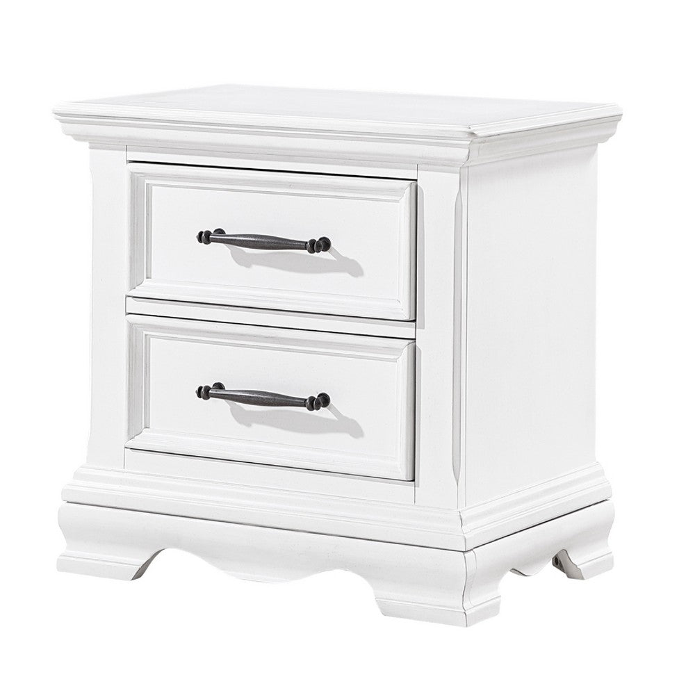 Benjara Yal Nightstand, 2 Drawers w Black Nickel Bar Handles, White Finish