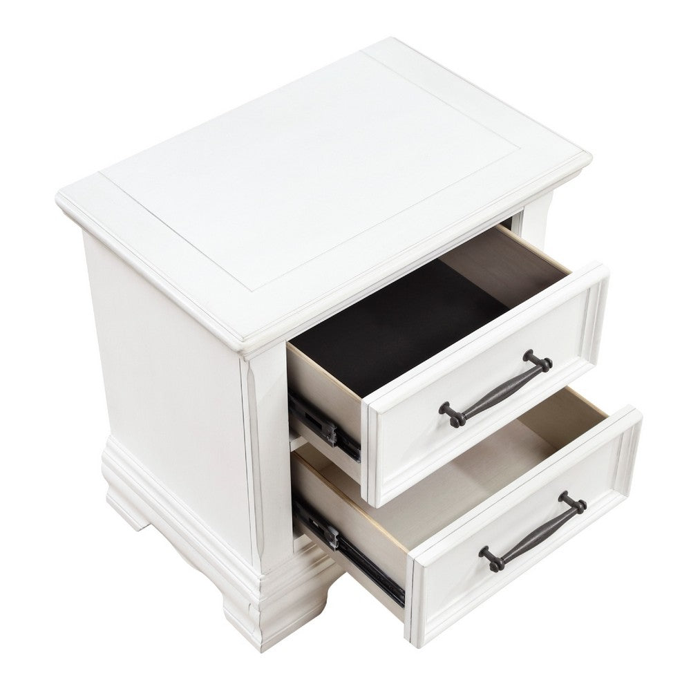 Benjara Yal Nightstand, 2 Drawers w Black Nickel Bar Handles, White Finish