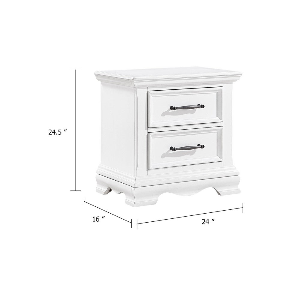 Benjara Yal Nightstand, 2 Drawers w Black Nickel Bar Handles, White Finish