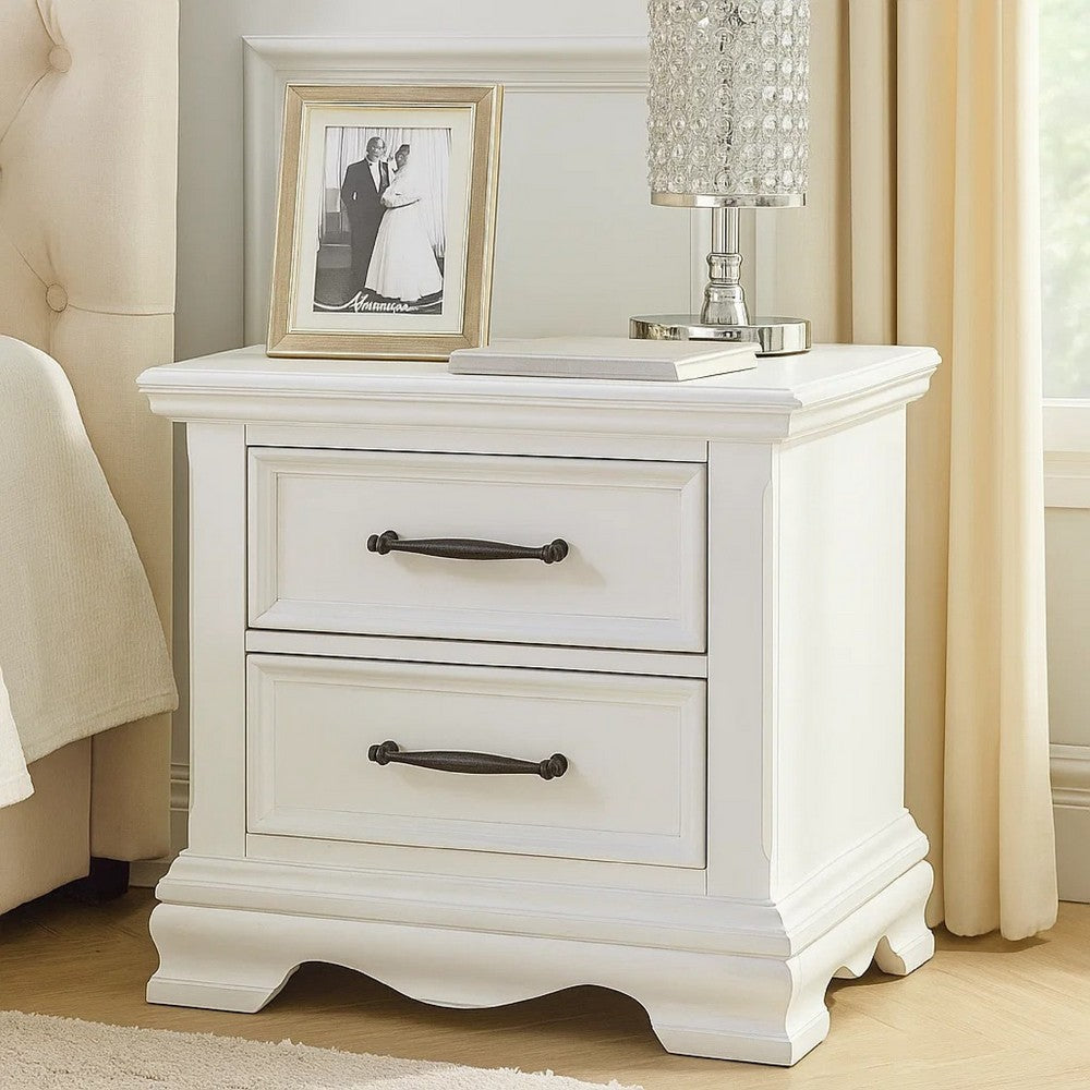 Benjara Yal Nightstand, 2 Drawers w Black Nickel Bar Handles, White Finish