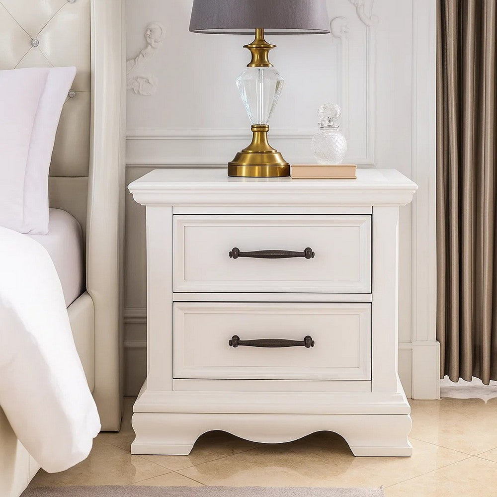 Benjara Yal Nightstand, 2 Drawers w Black Nickel Bar Handles, White Finish