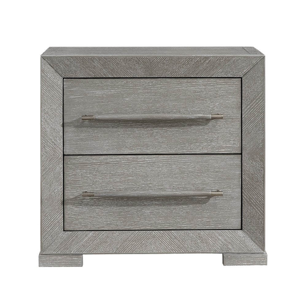 Benjara Ova Nightstand, 2 Drawer w Framed Front & Wood Accent Handles, Gray
