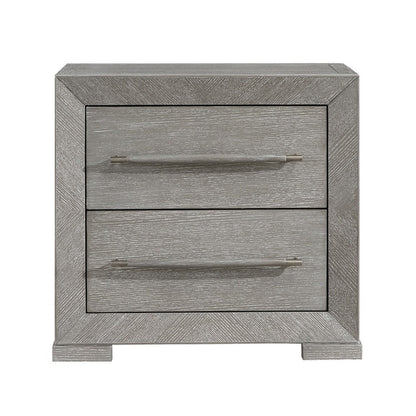 Benjara Ova Nightstand, 2 Drawer w Framed Front & Wood Accent Handles, Gray
