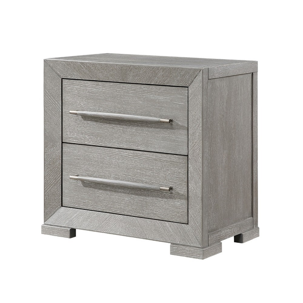 Benjara Ova Nightstand, 2 Drawer w Framed Front & Wood Accent Handles, Gray
