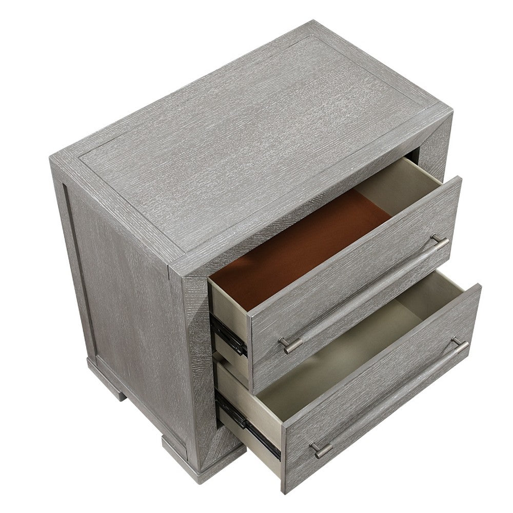 Benjara Ova Nightstand, 2 Drawer w Framed Front & Wood Accent Handles, Gray