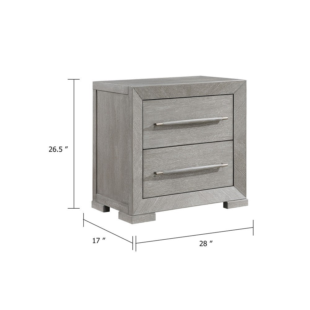 Benjara Ova Nightstand, 2 Drawer w Framed Front & Wood Accent Handles, Gray