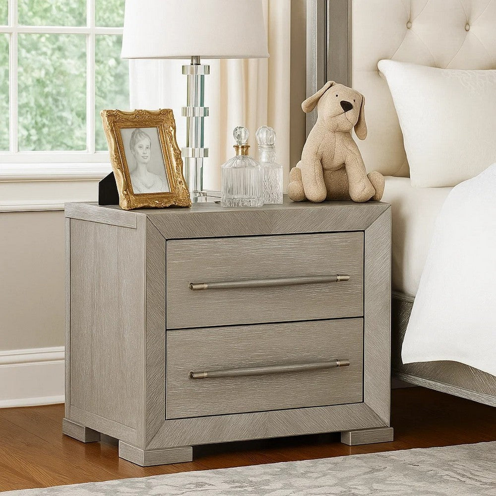 Benjara Ova Nightstand, 2 Drawer w Framed Front & Wood Accent Handles, Gray