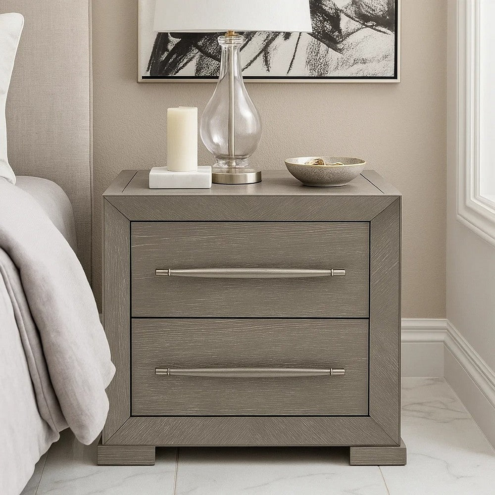 Benjara Ova Nightstand, 2 Drawer w Framed Front & Wood Accent Handles, Gray