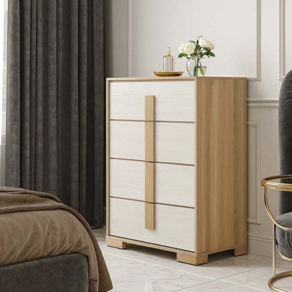 Benjara Mep Tall Dresser Chest, 4 Drawers, Dual Tone Natural Brown & White