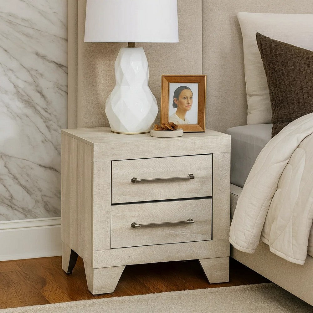 Benjara Ava Nightstand, 2 Drawers w Antique Silver Bar Handles, Dusty Gray