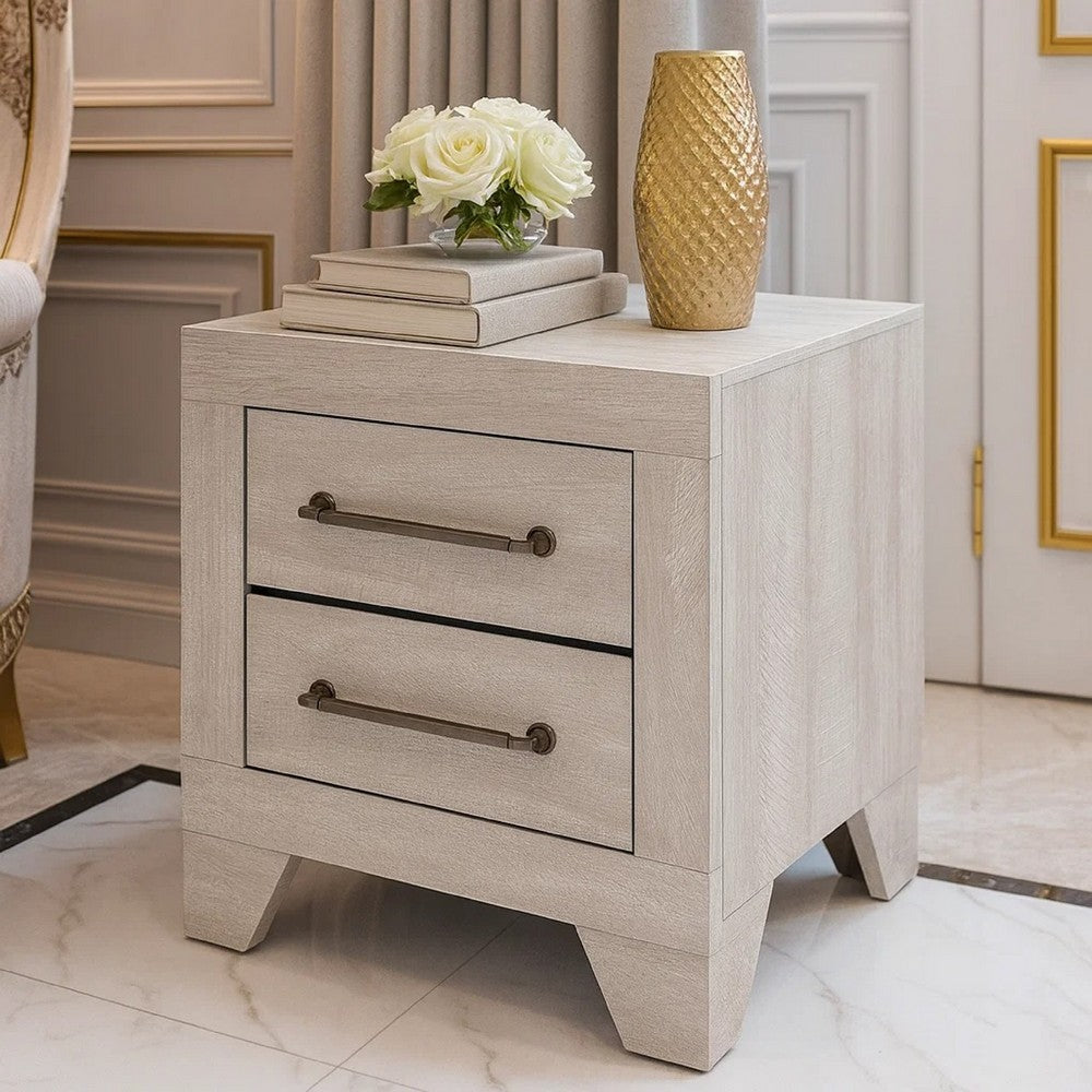Benjara Ava Nightstand, 2 Drawers w Antique Silver Bar Handles, Dusty Gray