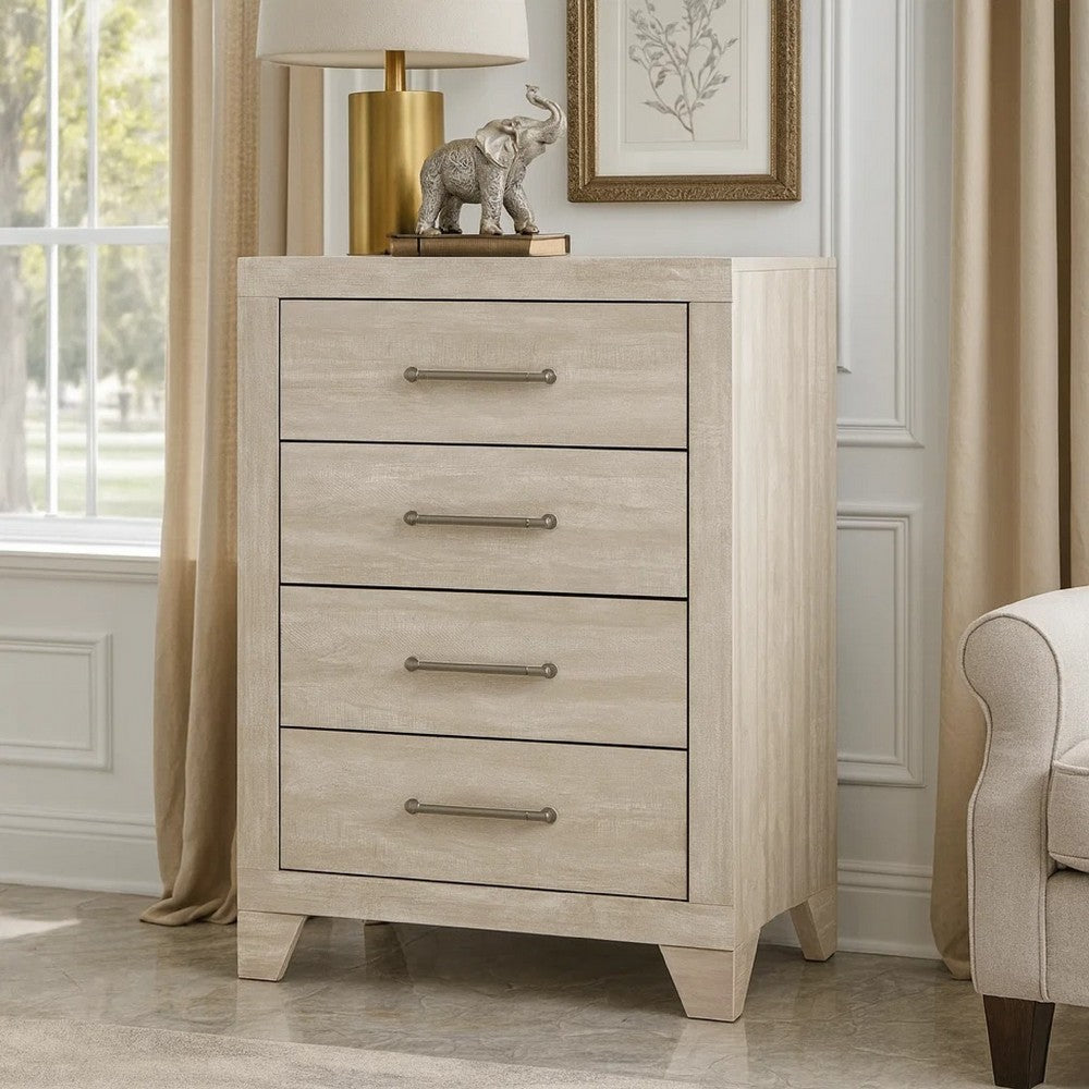 Benjara Ava Tall Dresser Chest, 4 Drawers w Antique Silver Bar Handles, Dusty Gray