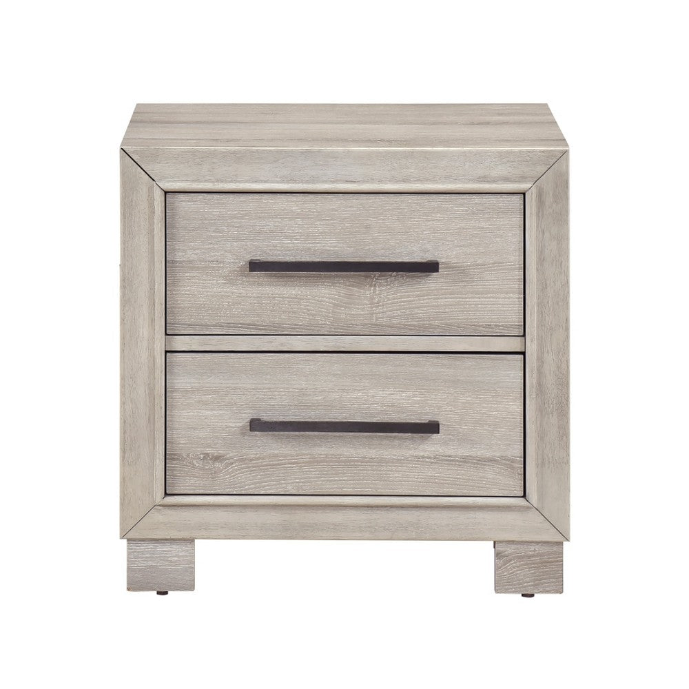 Benjara Ely Nightstand, 2 Drawers with Antique Brass Long Handles, Gray