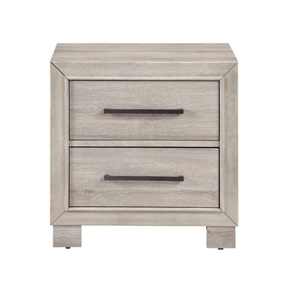 Benjara Ely Nightstand, 2 Drawers with Antique Brass Long Handles, Gray