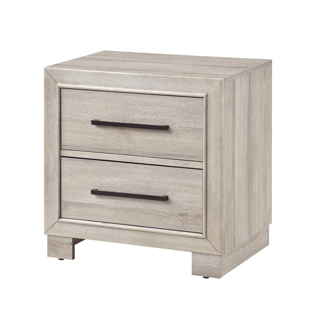 Benjara Ely Nightstand, 2 Drawers with Antique Brass Long Handles, Gray