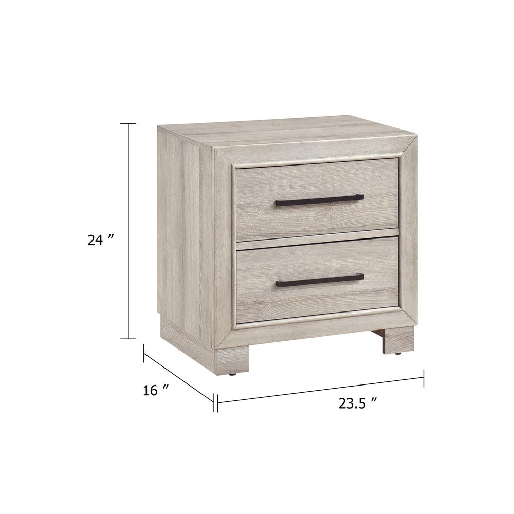 Benjara Ely Nightstand, 2 Drawers with Antique Brass Long Handles, Gray