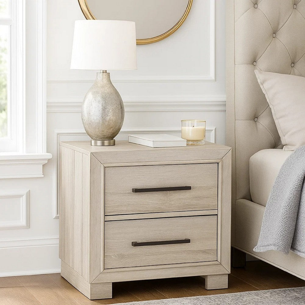 Benjara Ely Nightstand, 2 Drawers with Antique Brass Long Handles, Gray