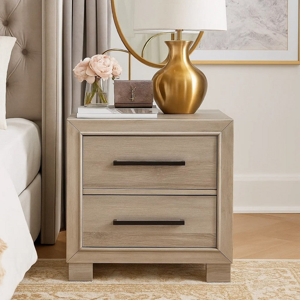 Benjara Ely Nightstand, 2 Drawers with Antique Brass Long Handles, Gray