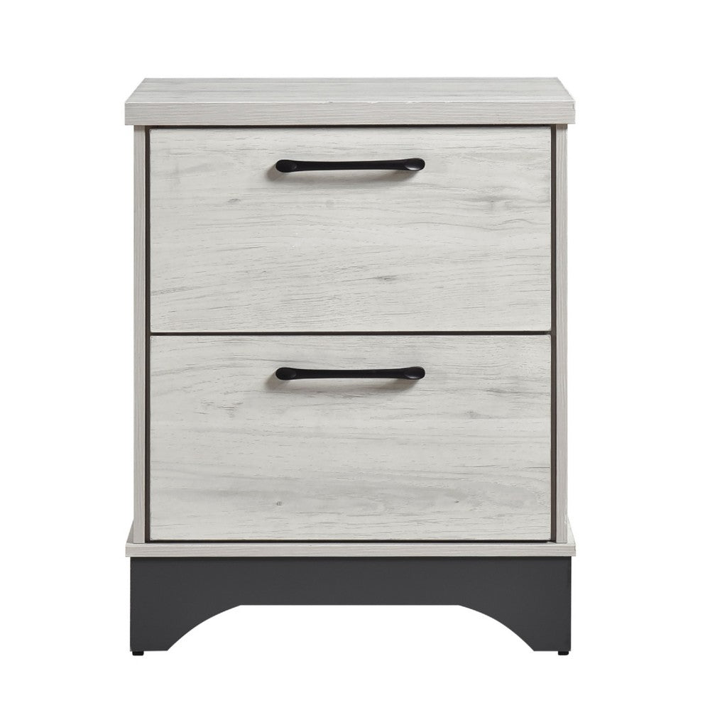 Benjara Wly Nightstand, 2 Drawers with Wide Black Handles, White Oak & Gray