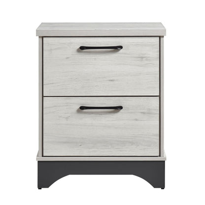 Benjara Wly Nightstand, 2 Drawers with Wide Black Handles, White Oak & Gray