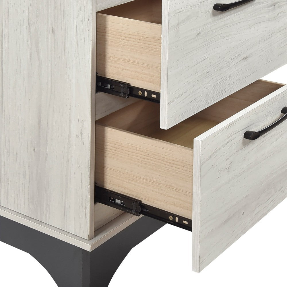 Benjara Wly Nightstand, 2 Drawers with Wide Black Handles, White Oak & Gray