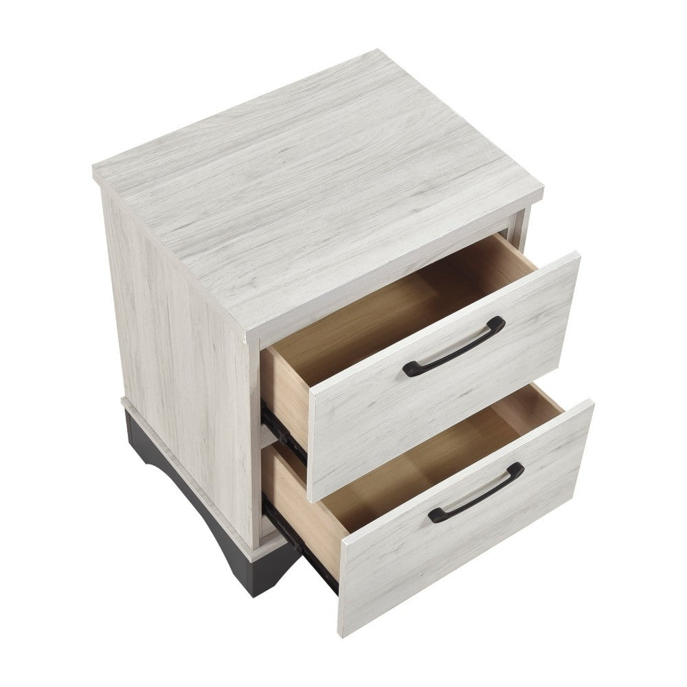 Benjara Wly Nightstand, 2 Drawers with Wide Black Handles, White Oak & Gray