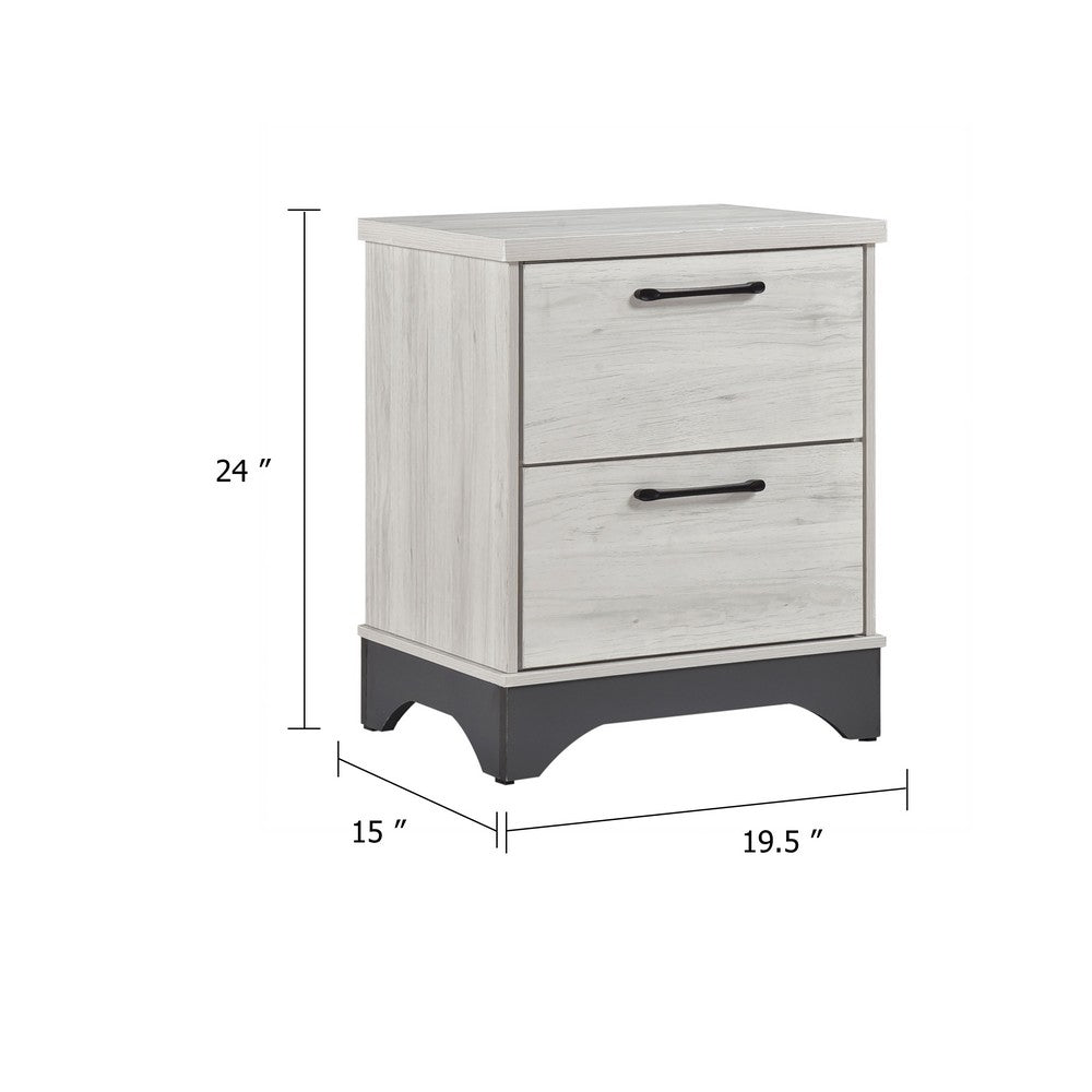 Benjara Wly Nightstand, 2 Drawers with Wide Black Handles, White Oak & Gray