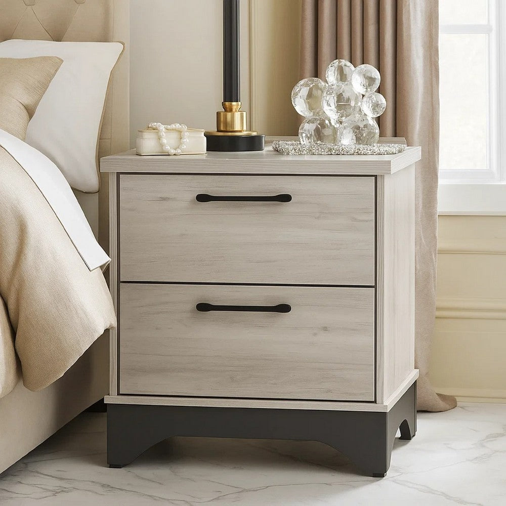 Benjara Wly Nightstand, 2 Drawers with Wide Black Handles, White Oak & Gray