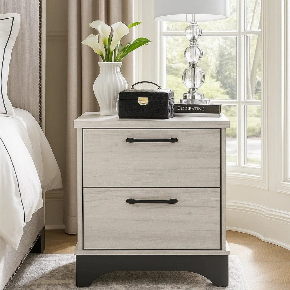 Benjara Wly Nightstand, 2 Drawers with Wide Black Handles, White Oak & Gray