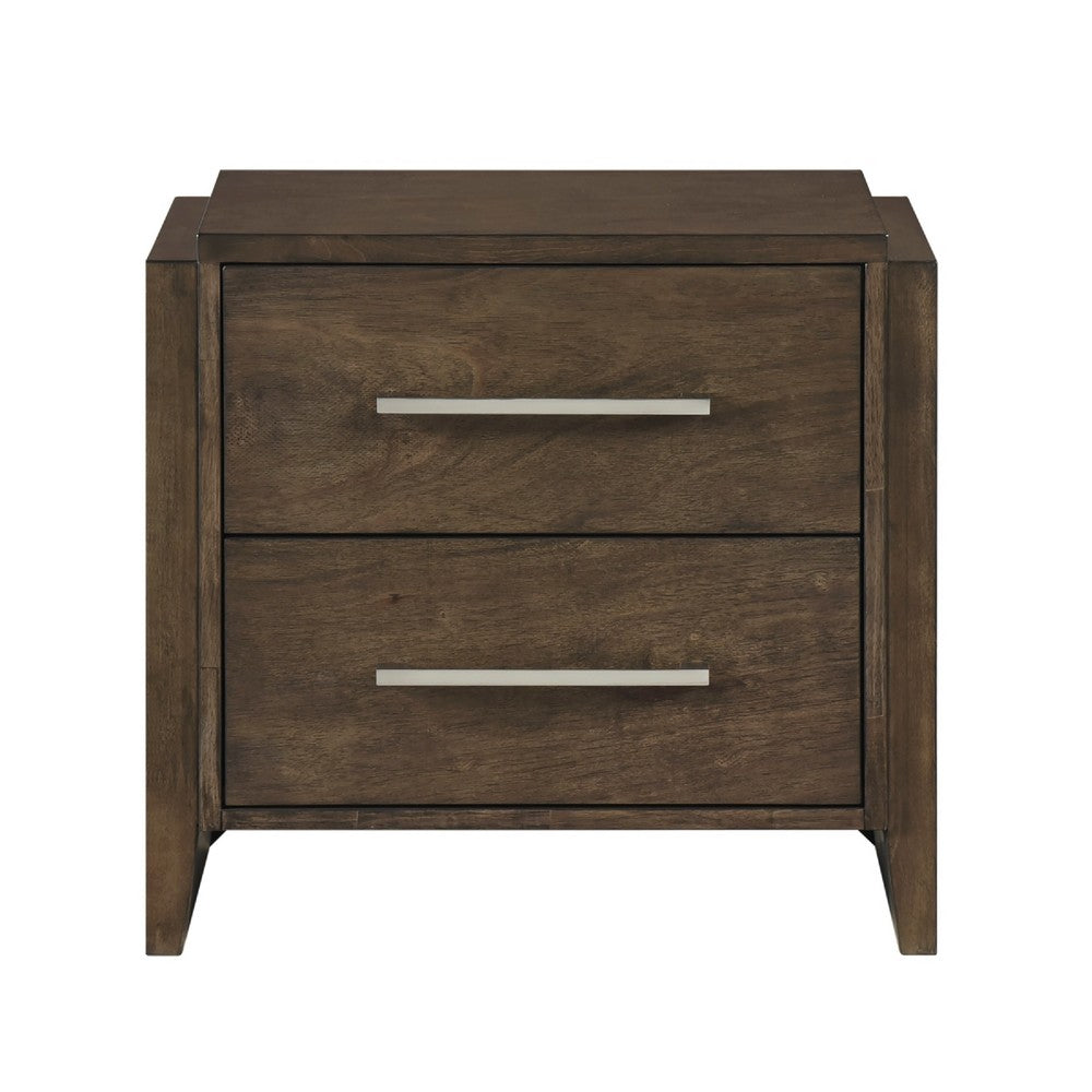 Benjara Ema Nightstand, 2 Drawers with Chrome Handles, Dark Walnut Brown