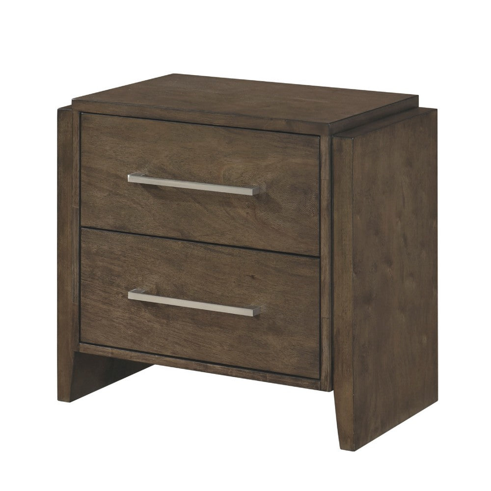 Benjara Ema Nightstand, 2 Drawers with Chrome Handles, Dark Walnut Brown