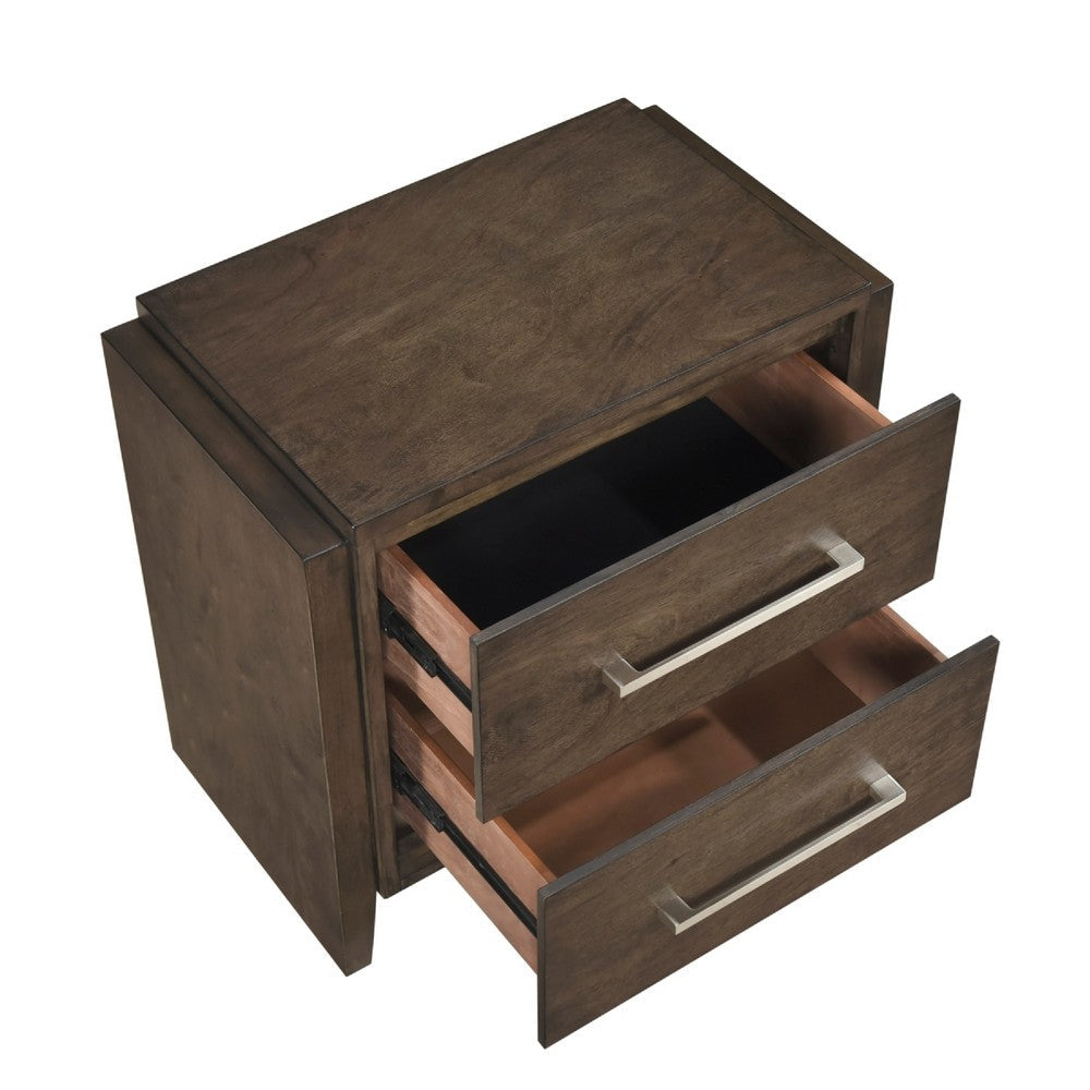 Benjara Ema Nightstand, 2 Drawers with Chrome Handles, Dark Walnut Brown